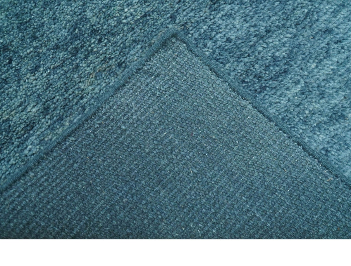 Custom Made Contemporary Solid Plush Blue Hand Knotted Wool Rug.