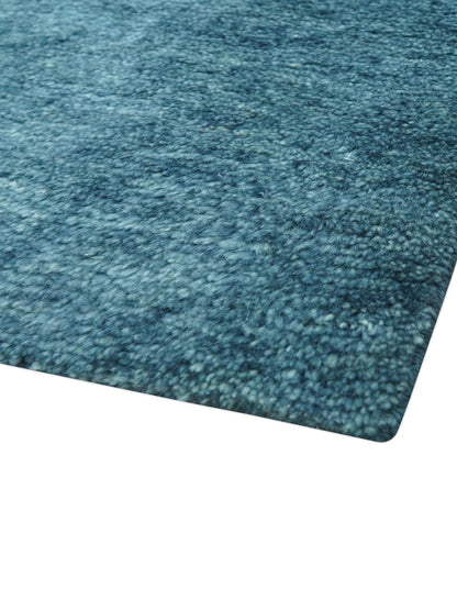 Custom Made Contemporary Solid Plush Blue Hand Knotted Wool Rug.