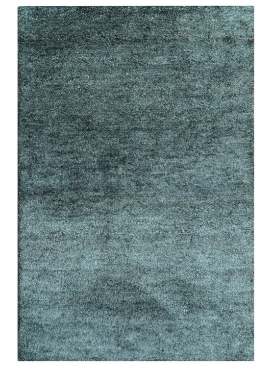 Custom Made Contemporary Solid Plush Steel Blue Hand Knotted Wool Rug.
