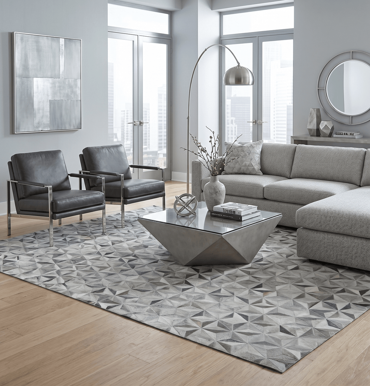Custom Made Cowhide Leather Patchwork Silver and Gray Leather Modern Geometric Rug.