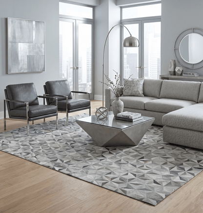 Custom Made Cowhide Leather Patchwork Silver and Gray Leather Modern Geometric Rug.