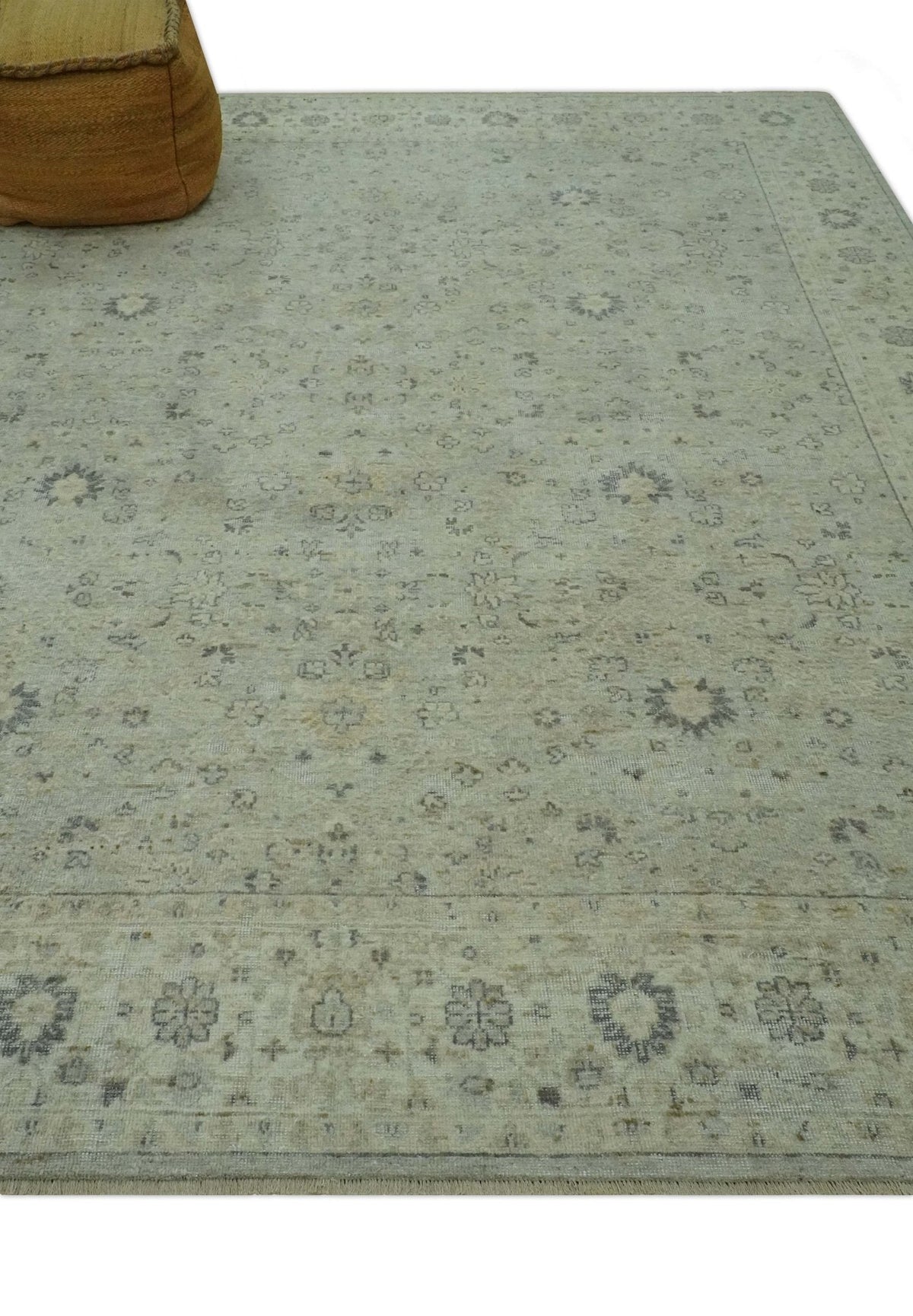Custom Made Distress Finished Beige, Silver and Charcoal Traditional Wool Rug.