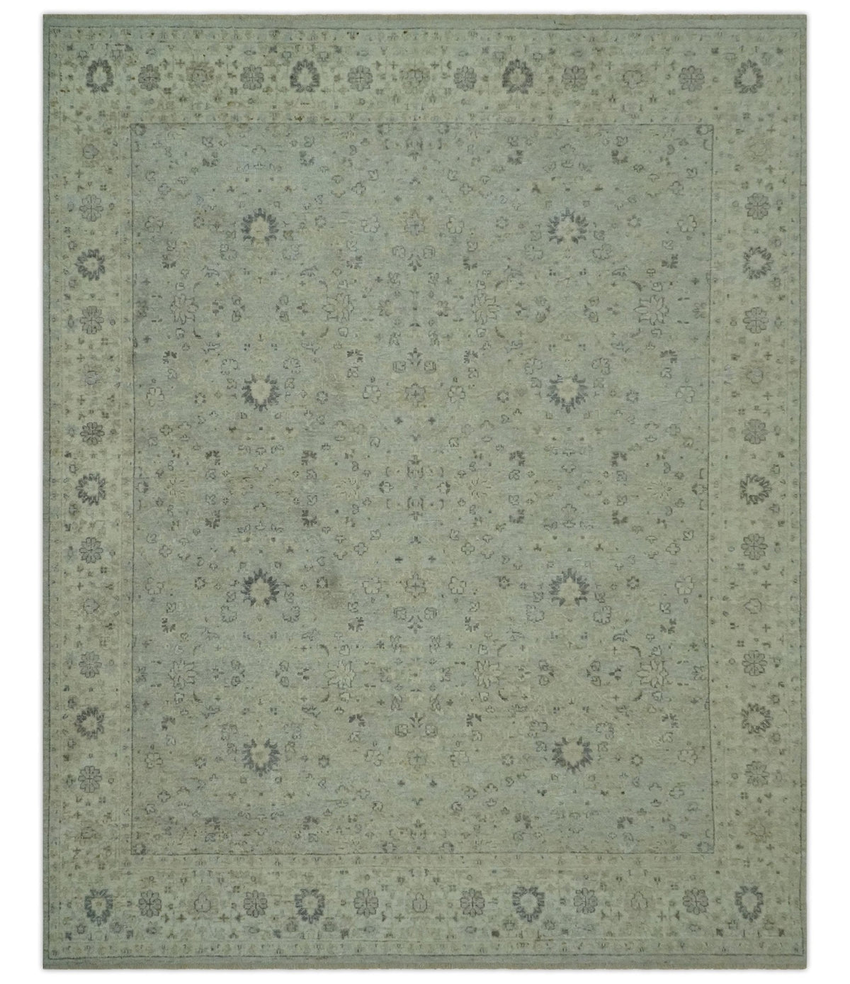 Custom Made Distress Finished Beige, Silver and Charcoal Traditional Wool Rug.