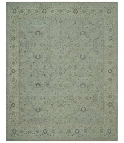 Custom Made Distress Finished Beige, Silver and Charcoal Traditional Wool Rug.