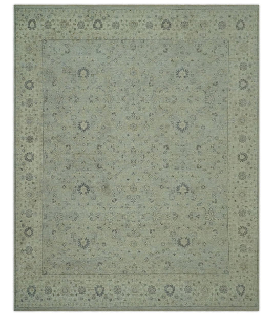 Custom Made Distress Finished Beige, Silver and Charcoal Traditional Wool Rug.