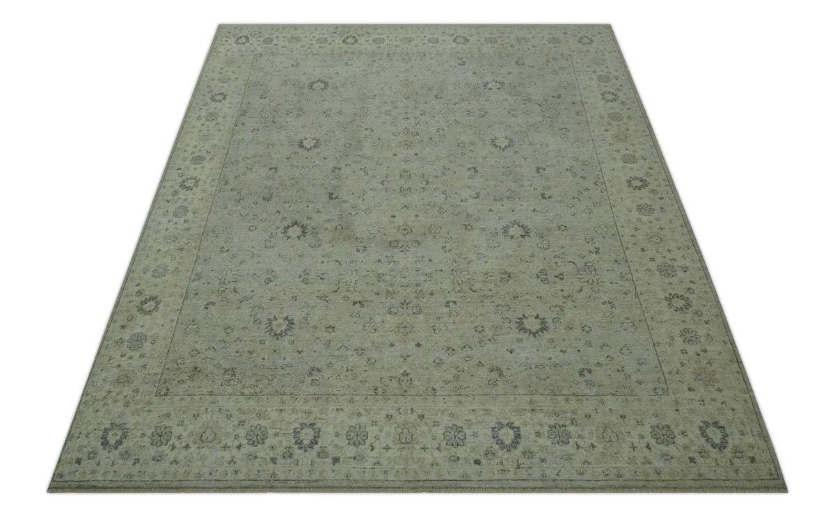 Custom Made Distress Finished Beige, Silver and Charcoal Traditional Wool Rug.