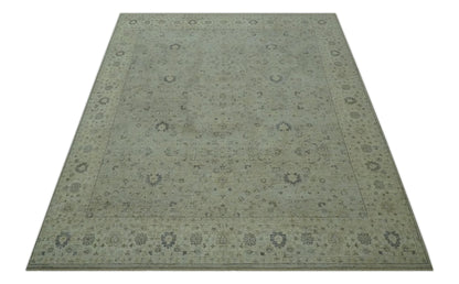 Custom Made Distress Finished Beige, Silver and Charcoal Traditional Wool Rug.