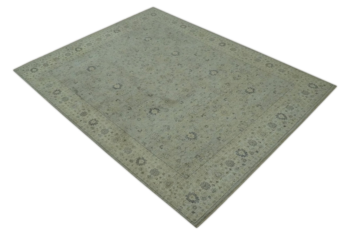 Custom Made Distress Finished Beige, Silver and Charcoal Traditional Wool Rug.