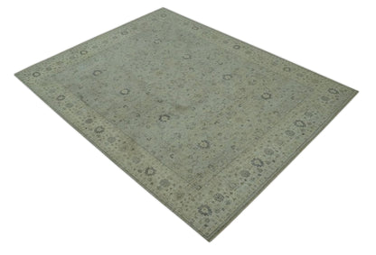 Custom Made Distress Finished Beige, Silver and Charcoal Traditional Wool Rug.