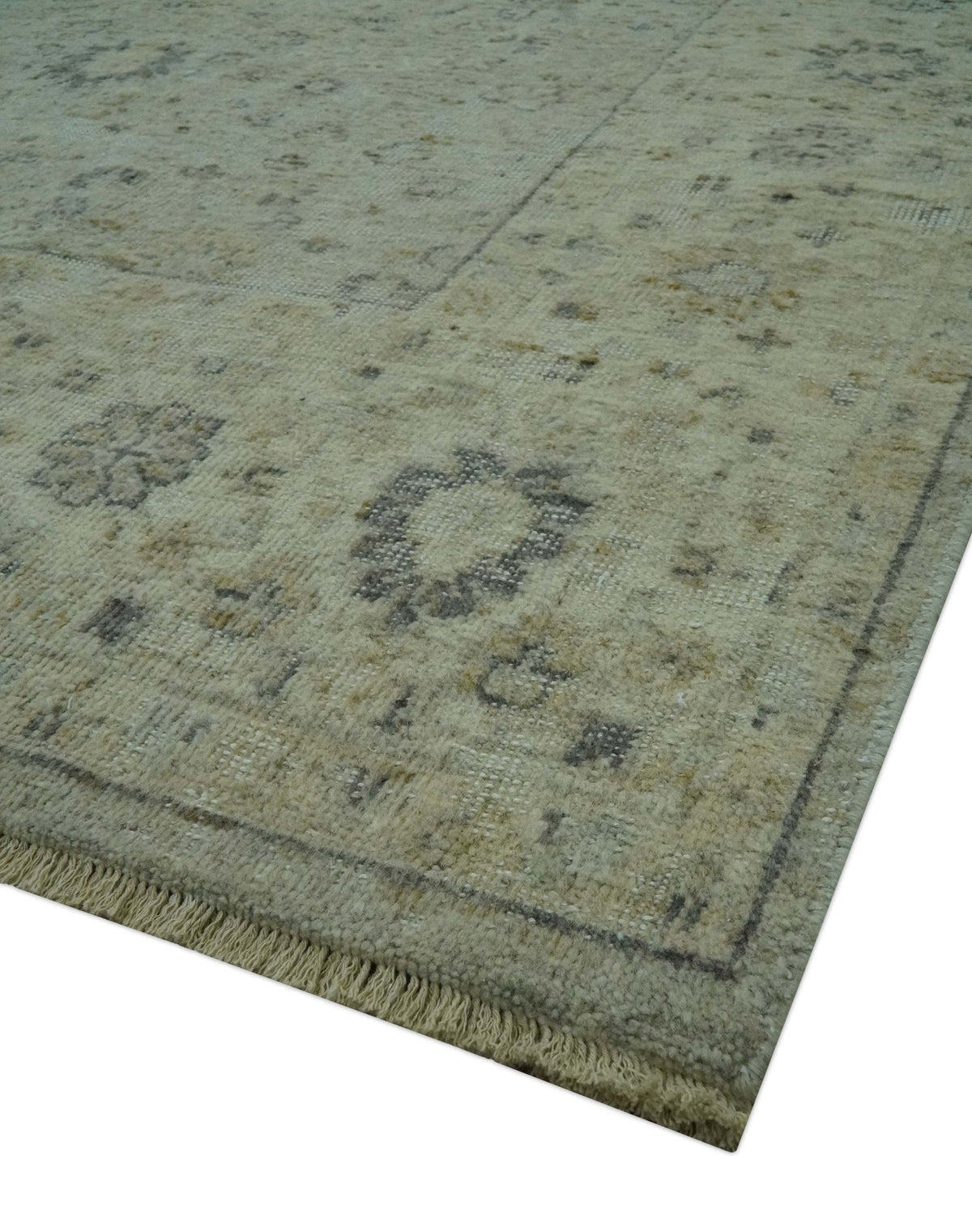 Custom Made Distress Finished Beige, Silver and Charcoal Traditional Wool Rug.