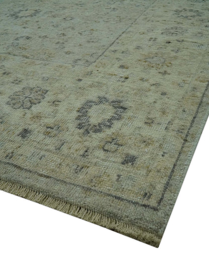 Custom Made Distress Finished Beige, Silver and Charcoal Traditional Wool Rug.