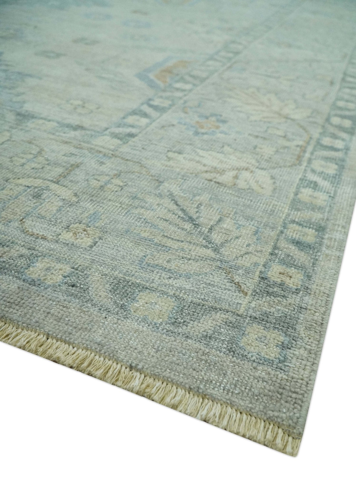 Custom Made Distressed Finished Beige and Gray Traditional mamluk design Low Pile wool Rug.