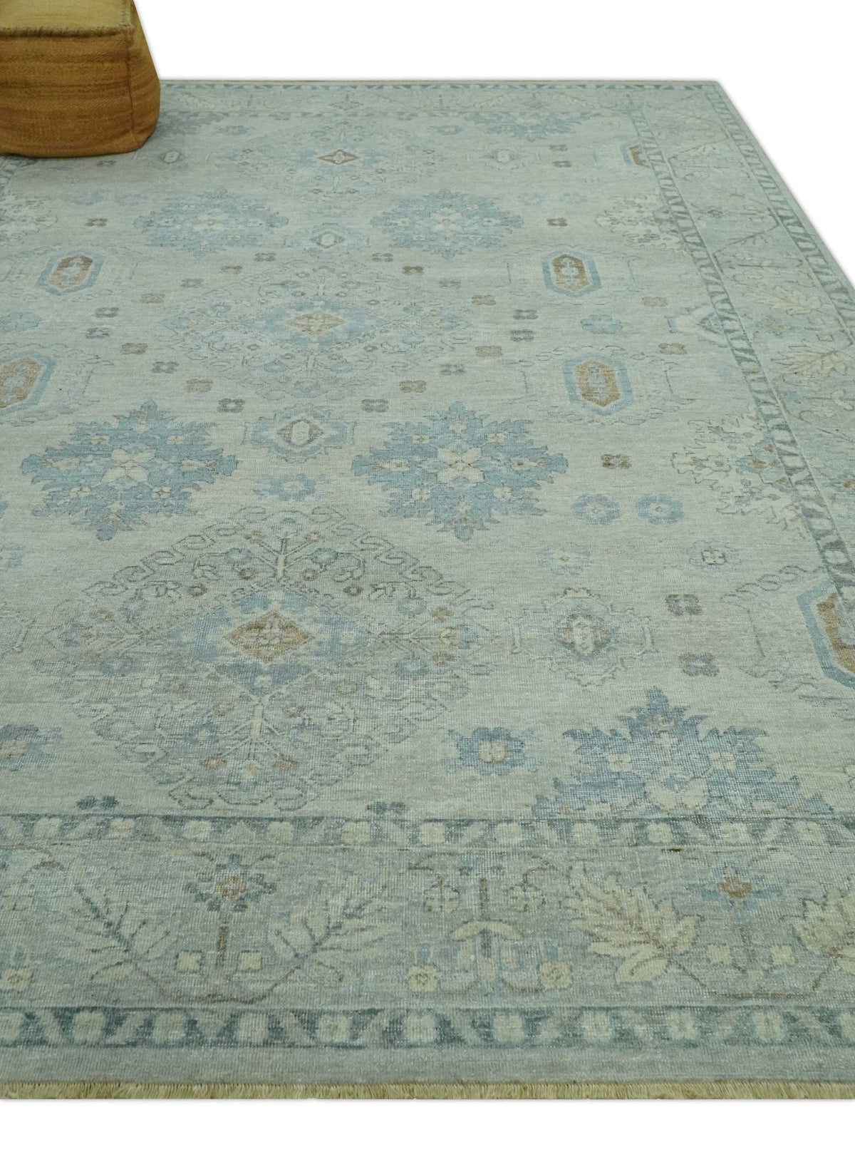 Custom Made Distressed Finished Beige and Gray Traditional mamluk design Low Pile wool Rug.