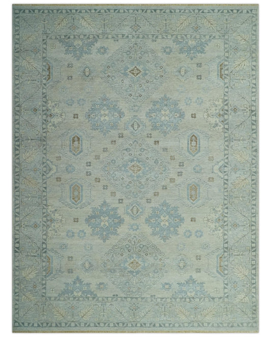 Custom Made Distressed Finished Beige and Gray Traditional mamluk design Low Pile wool Rug.