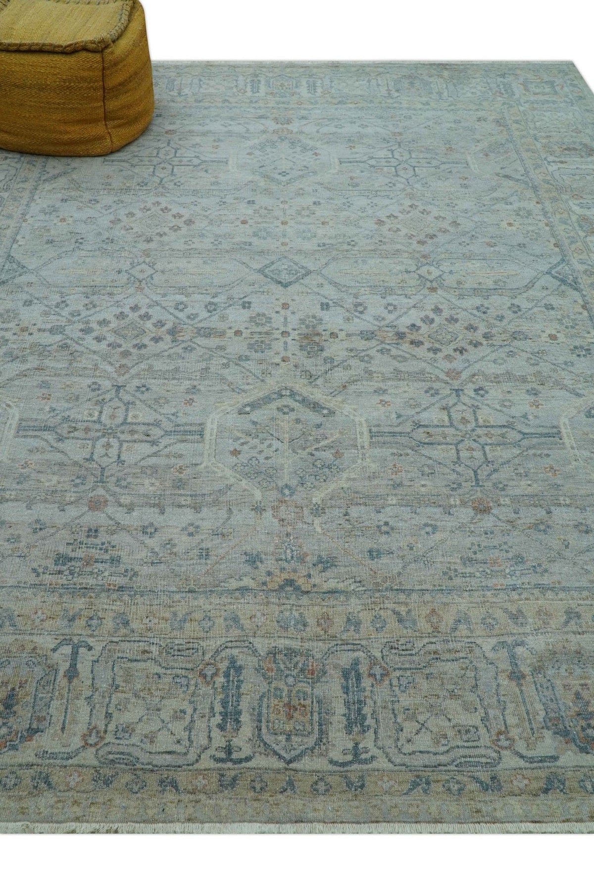 Custom Made Distressed Silver Blue Traditional Hand knotted Wool Area Rug.