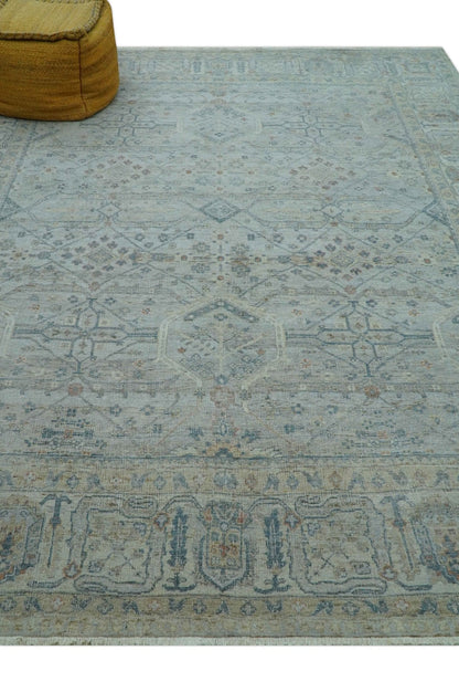 Custom Made Distressed Silver Blue Traditional Hand knotted Wool Area Rug.