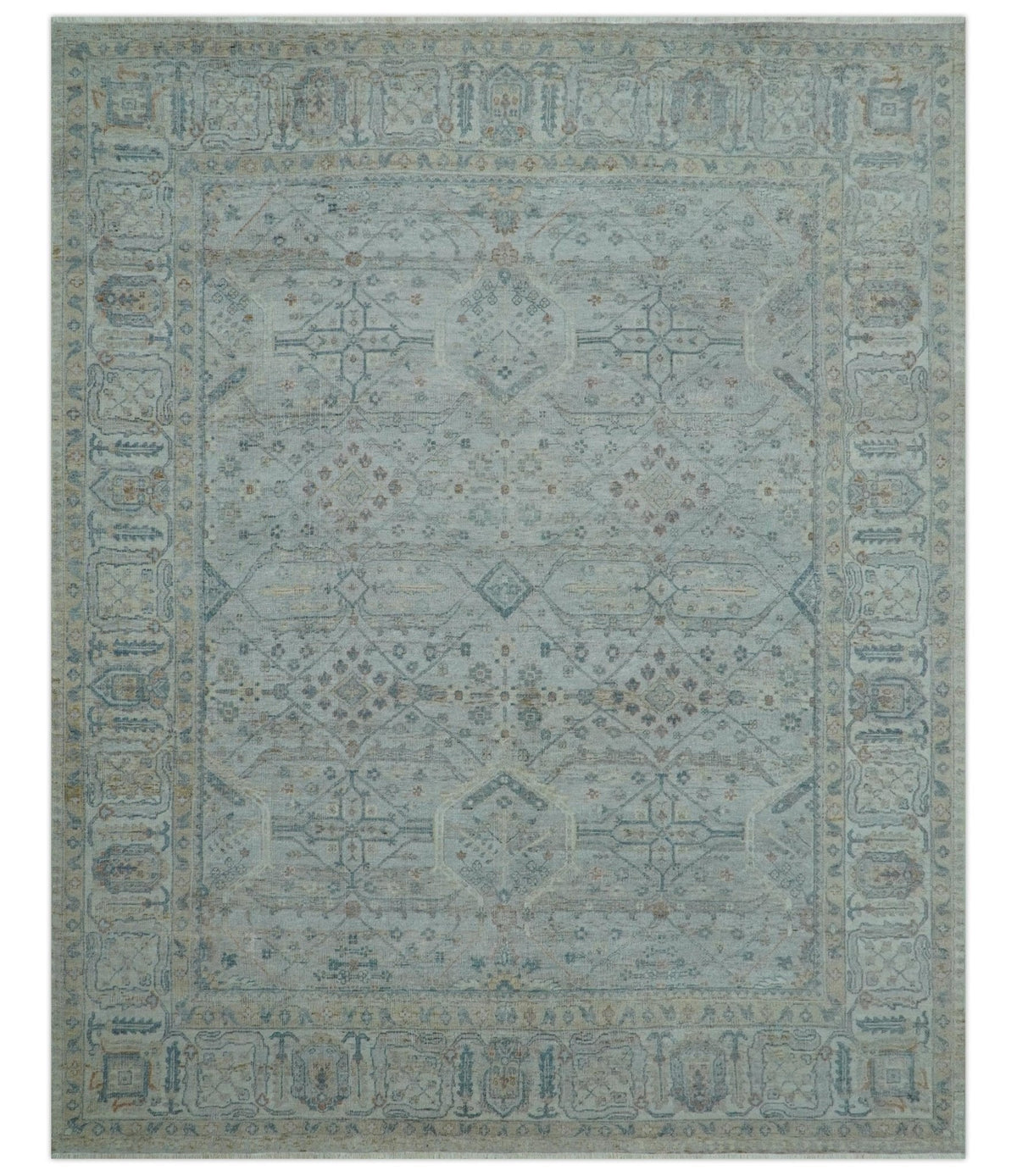 Custom Made Distressed Silver Blue Traditional Hand knotted Wool Area Rug.