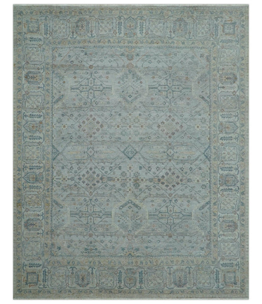 Custom Made Distressed Silver Blue Traditional Hand knotted Wool Area Rug.