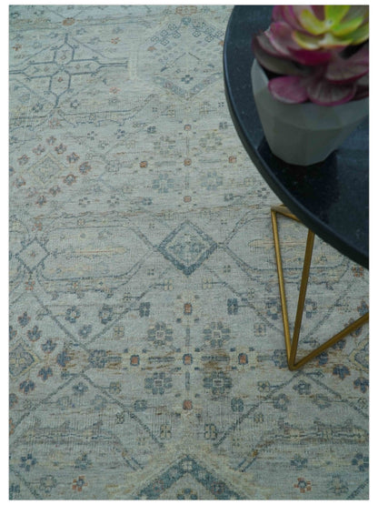 Custom Made Distressed Silver Blue Traditional Hand knotted Wool Area Rug.