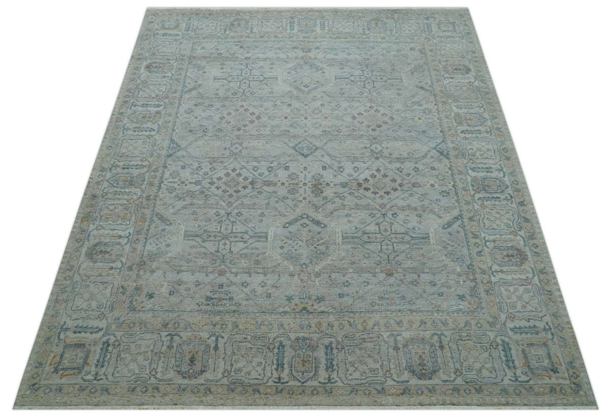 Custom Made Distressed Silver Blue Traditional Hand knotted Wool Area Rug.
