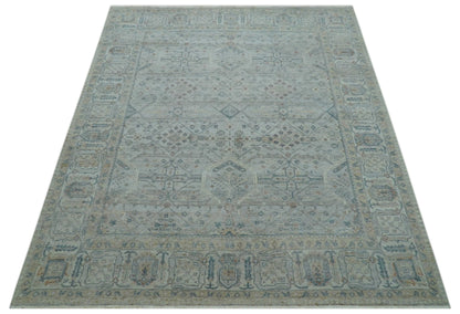 Custom Made Distressed Silver Blue Traditional Hand knotted Wool Area Rug.