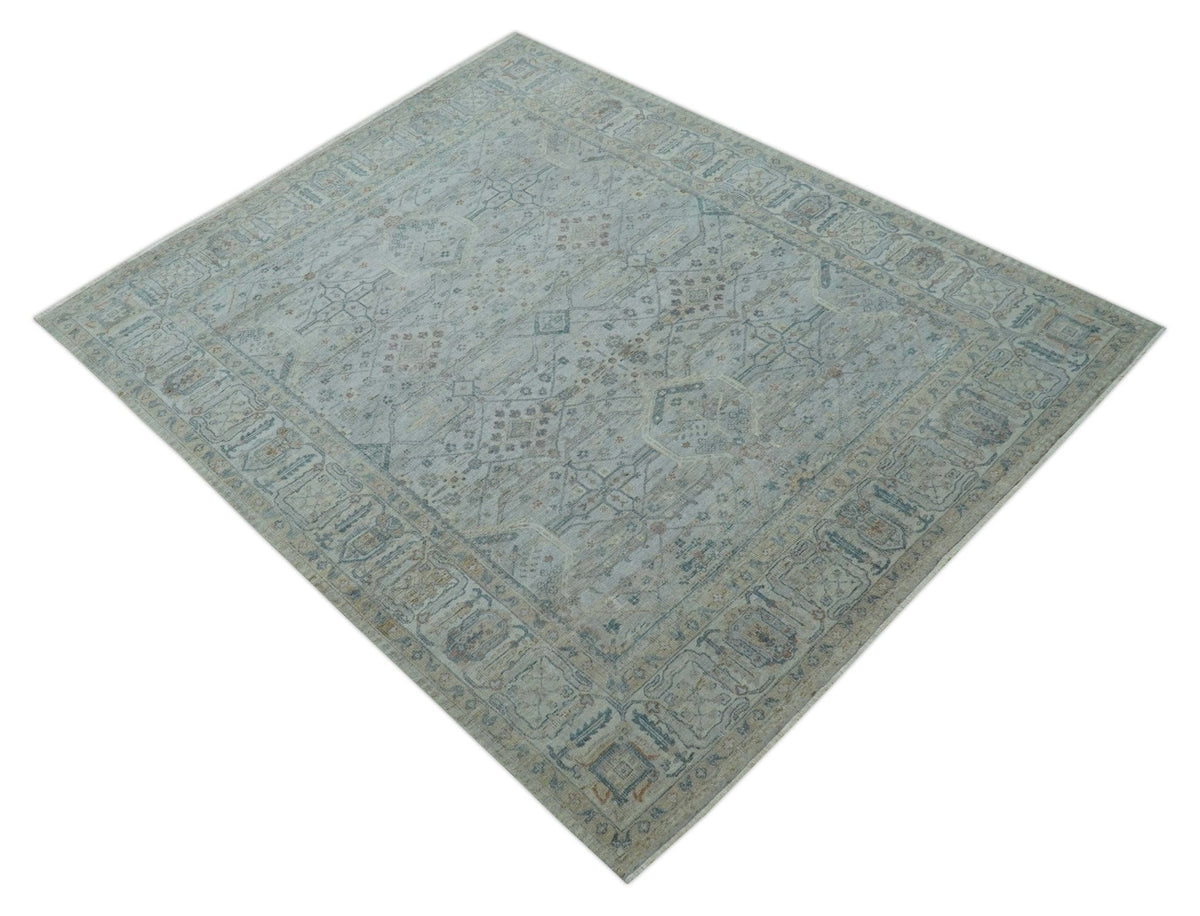 Custom Made Distressed Silver Blue Traditional Hand knotted Wool Area Rug.