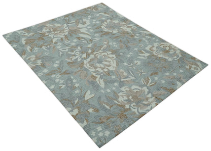 Custom Made Elegant Blue, Ivory and Olive Floral Design Hand Tufted wool Rug.