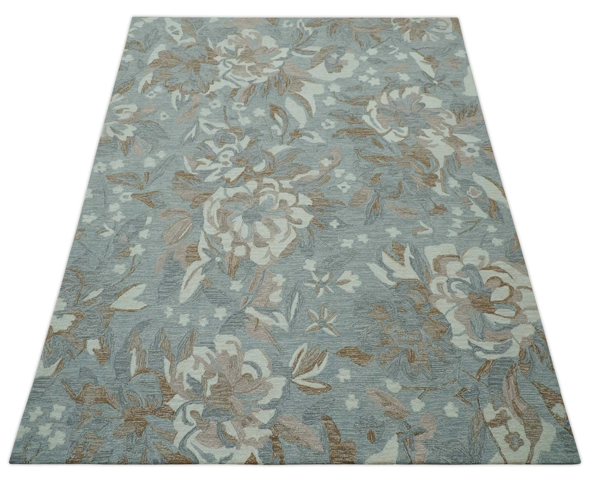 Custom Made Elegant Blue, Ivory and Olive Floral Design Hand Tufted wool Rug.