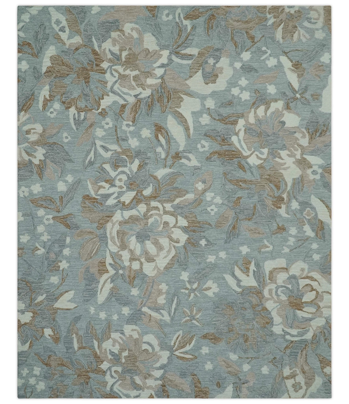 Custom Made Elegant Blue, Ivory and Olive Floral Design Hand Tufted wool Rug.