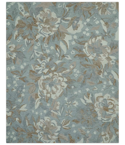 Custom Made Elegant Blue, Ivory and Olive Floral Design Hand Tufted wool Rug.