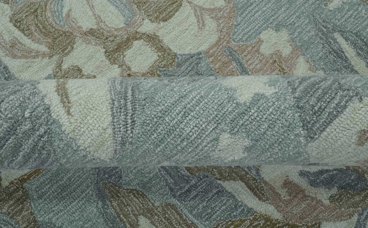 Custom Made Elegant Blue, Ivory and Olive Floral Design Hand Tufted wool Rug.