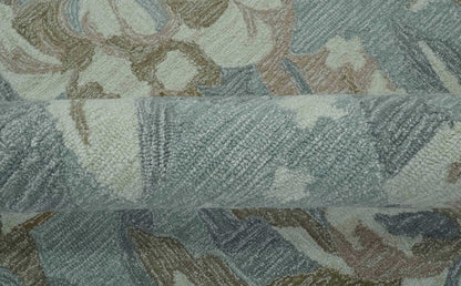 Custom Made Elegant Blue, Ivory and Olive Floral Design Hand Tufted wool Rug.