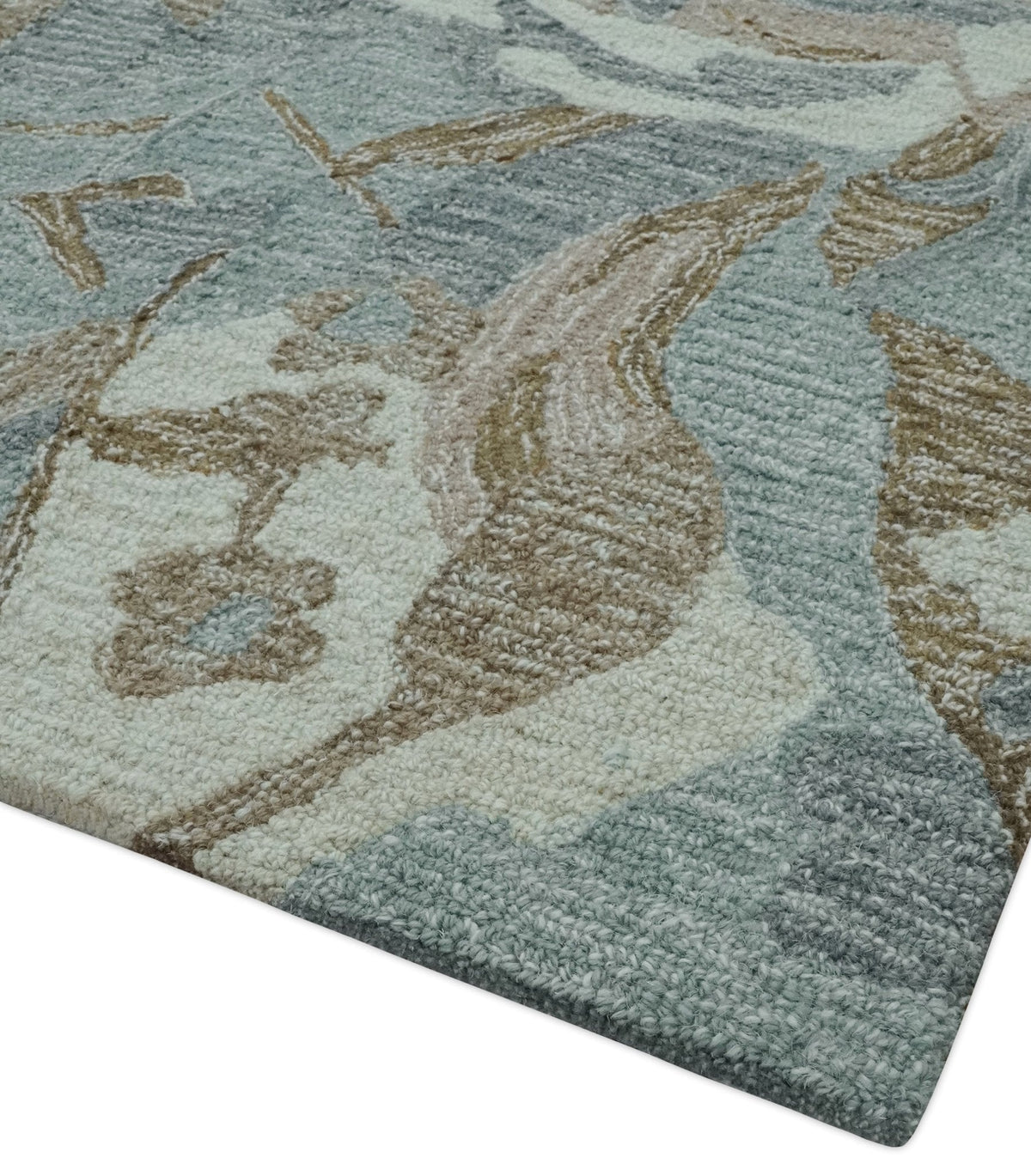 Custom Made Elegant Blue, Ivory and Olive Floral Design Hand Tufted wool Rug.