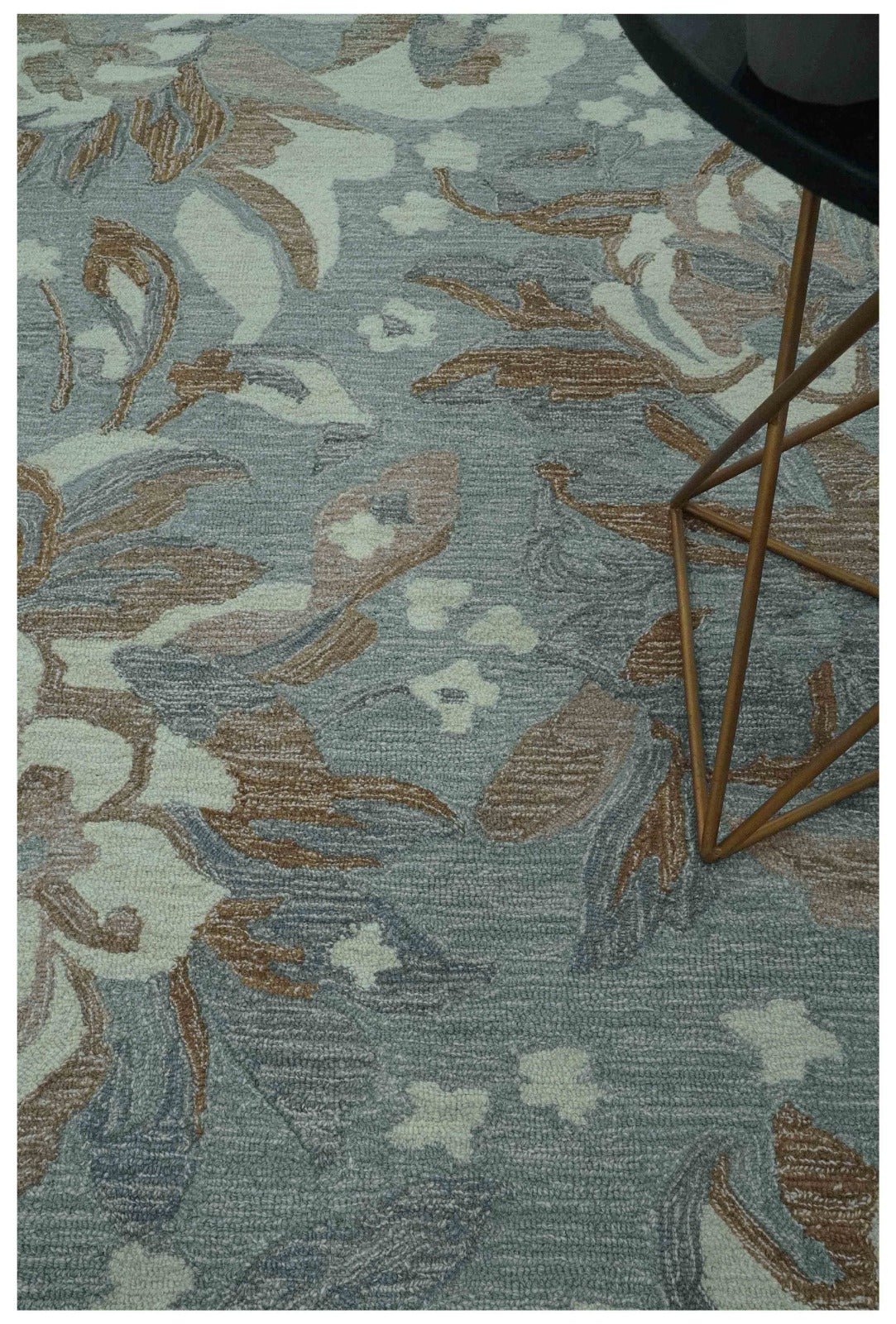 Custom Made Elegant Blue, Ivory and Olive Floral Design Hand Tufted wool Rug.