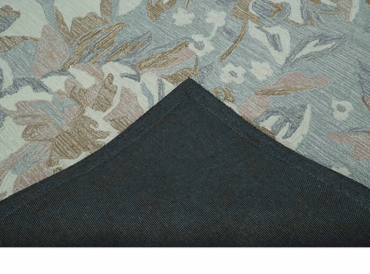 Custom Made Elegant Blue, Ivory and Olive Floral Design Hand Tufted wool Rug.