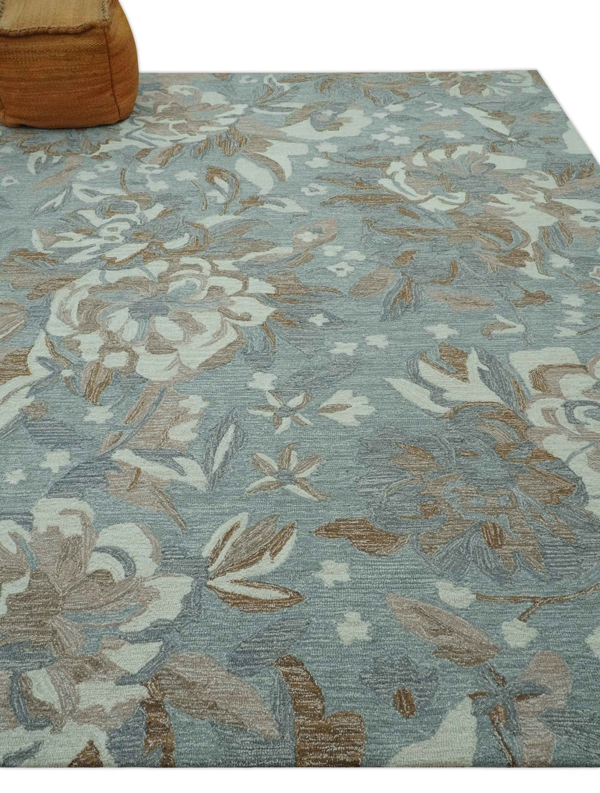 Custom Made Elegant Blue, Ivory and Olive Floral Design Hand Tufted wool Rug.