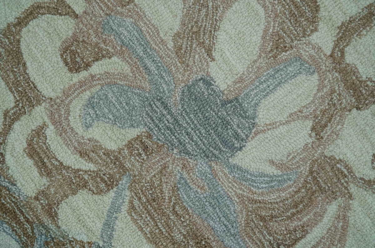 Custom Made Elegant Blue, Ivory and Olive Floral Design Hand Tufted wool Rug.