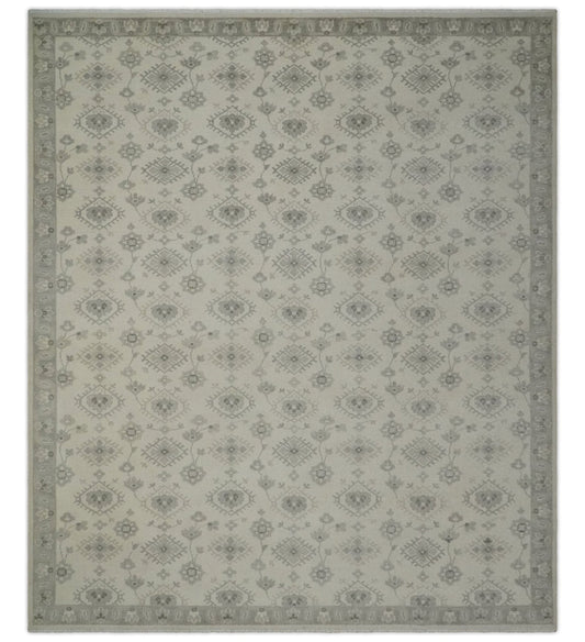 Custom Made Fine Hand Knotted Ivory and Charcoal Style Hand knotted Wool Area Rug.