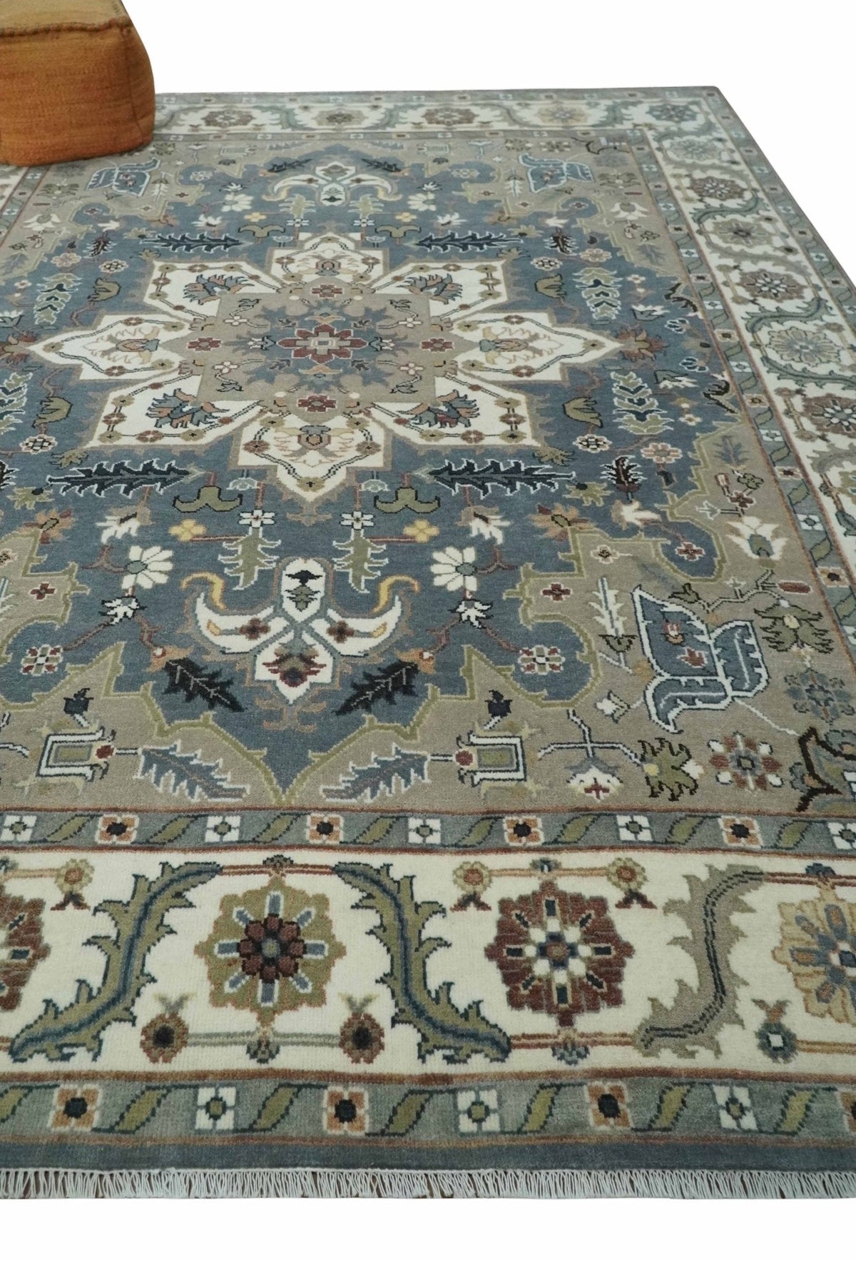 Custom Made Fine Knots Hand Knotted Ivory, Taupe and Olive Traditional Wool Rug.