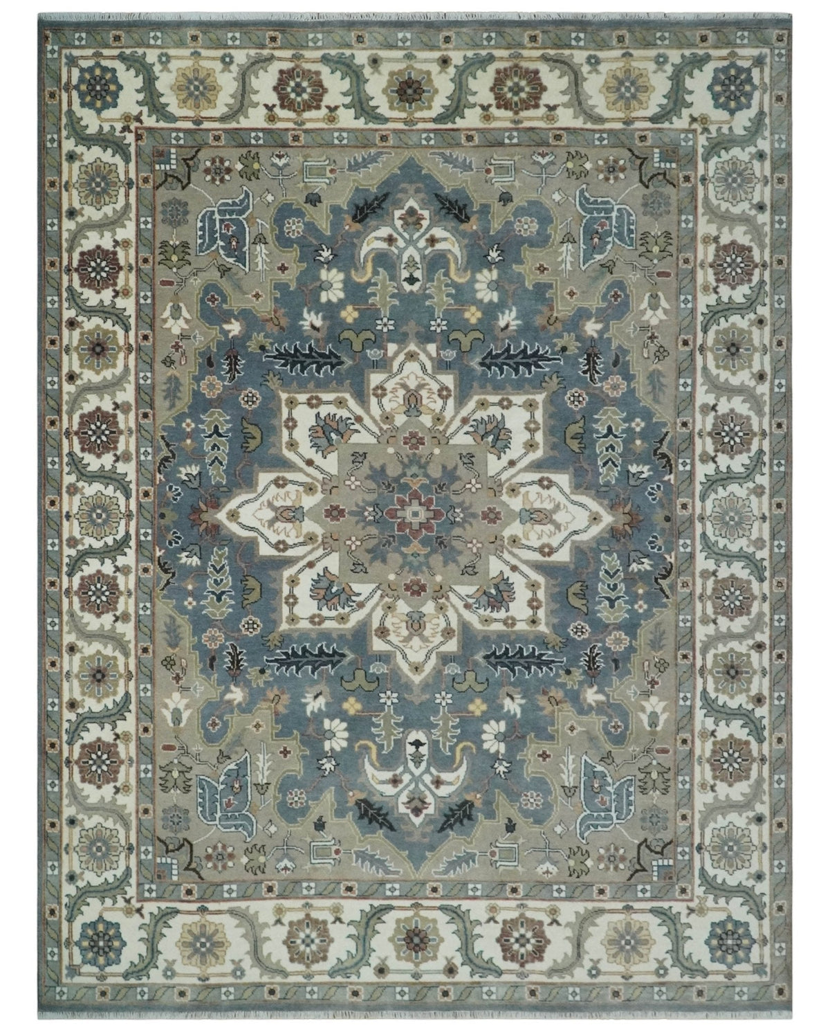 Custom Made Fine Knots Hand Knotted Ivory, Taupe and Olive Traditional Wool Rug.