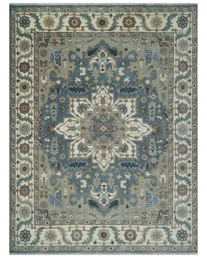 Custom Made Fine Knots Hand Knotted Ivory, Taupe and Olive Traditional Wool Rug.