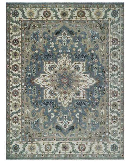 Custom Made Fine Knots Hand Knotted Ivory, Taupe and Olive Traditional Wool Rug.