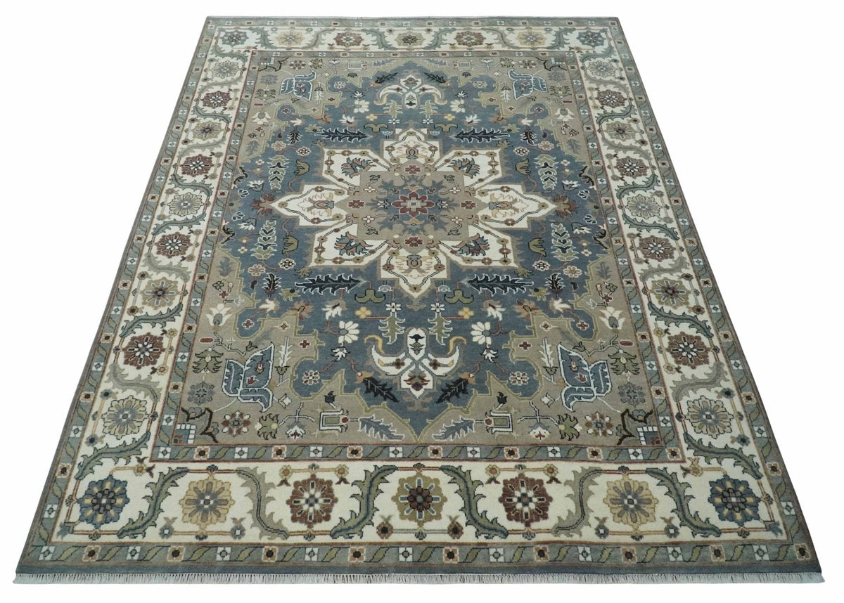 Custom Made Fine Knots Hand Knotted Ivory, Taupe and Olive Traditional Wool Rug.