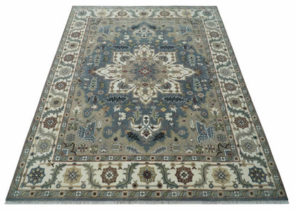 Custom Made Fine Knots Hand Knotted Ivory, Taupe and Olive Traditional Wool Rug.