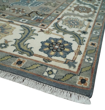 Custom Made Fine Knots Hand Knotted Ivory, Taupe and Olive Traditional Wool Rug.