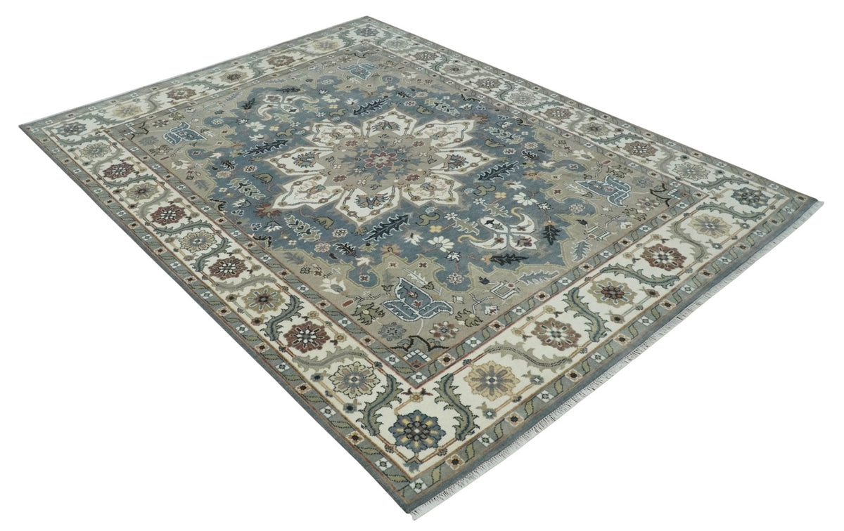 Custom Made Fine Knots Hand Knotted Ivory, Taupe and Olive Traditional Wool Rug.