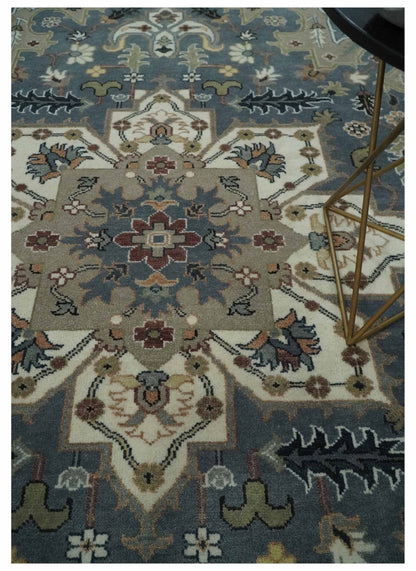 Custom Made Fine Knots Hand Knotted Ivory, Taupe and Olive Traditional Wool Rug.