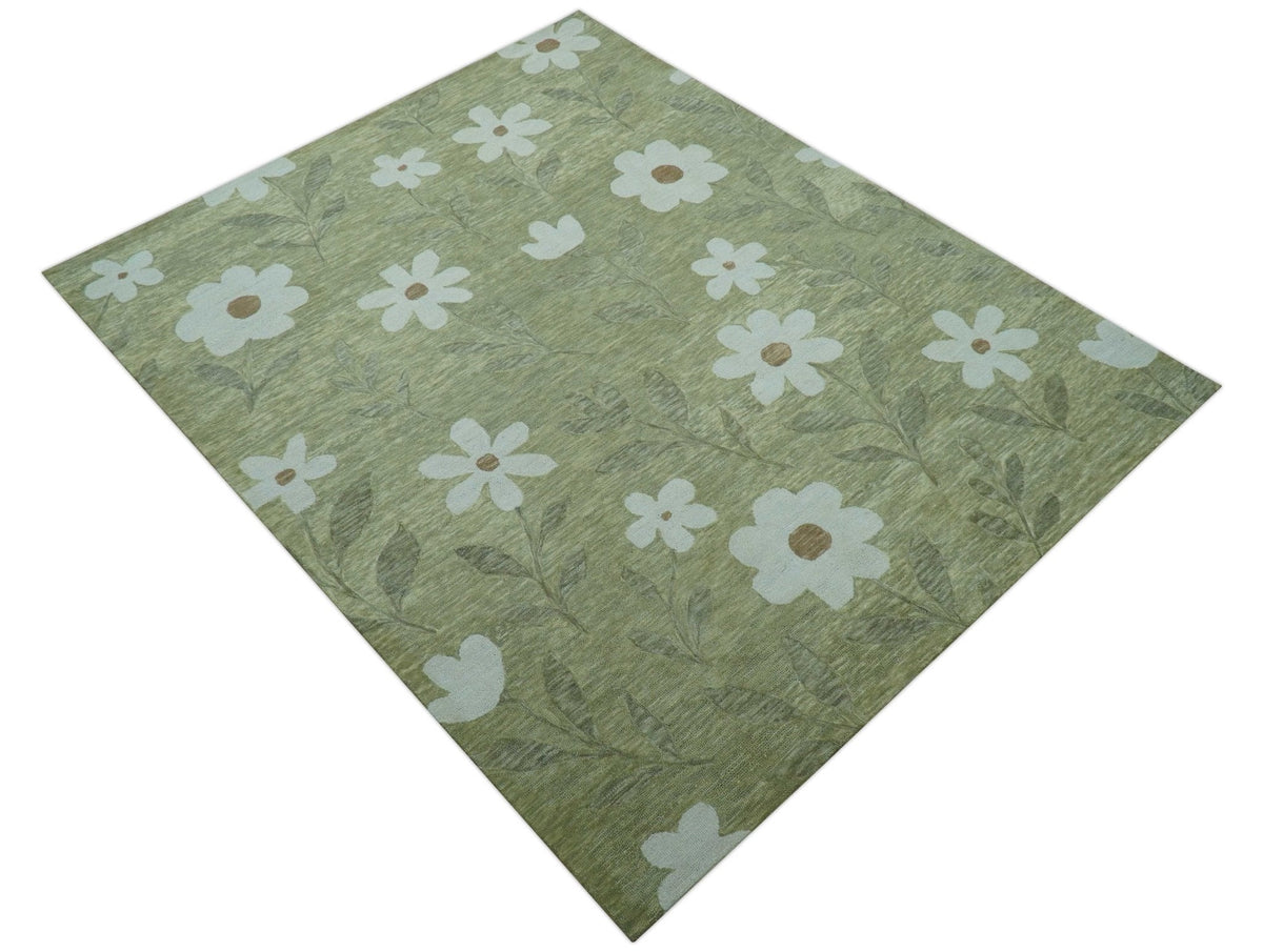 Custom Made Floral Olive Green Hand Tufted Wool Area Rug.