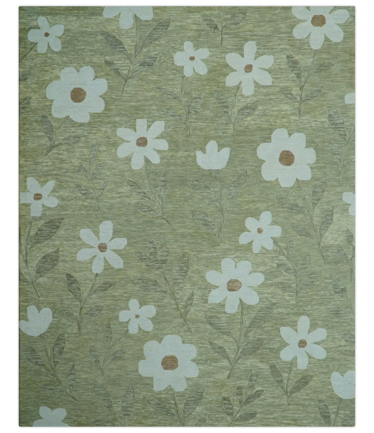 Custom Made Floral Olive Green Hand Tufted Wool Area Rug.