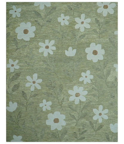 Custom Made Floral Olive Green Hand Tufted Wool Area Rug.
